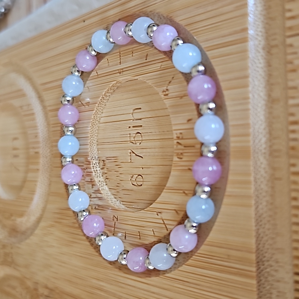 Aquamarine & pink opal silver beaded stretch bracelet